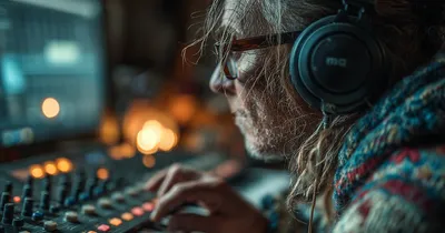 Person using a screen reader with headphones, fingers resting on a braille display