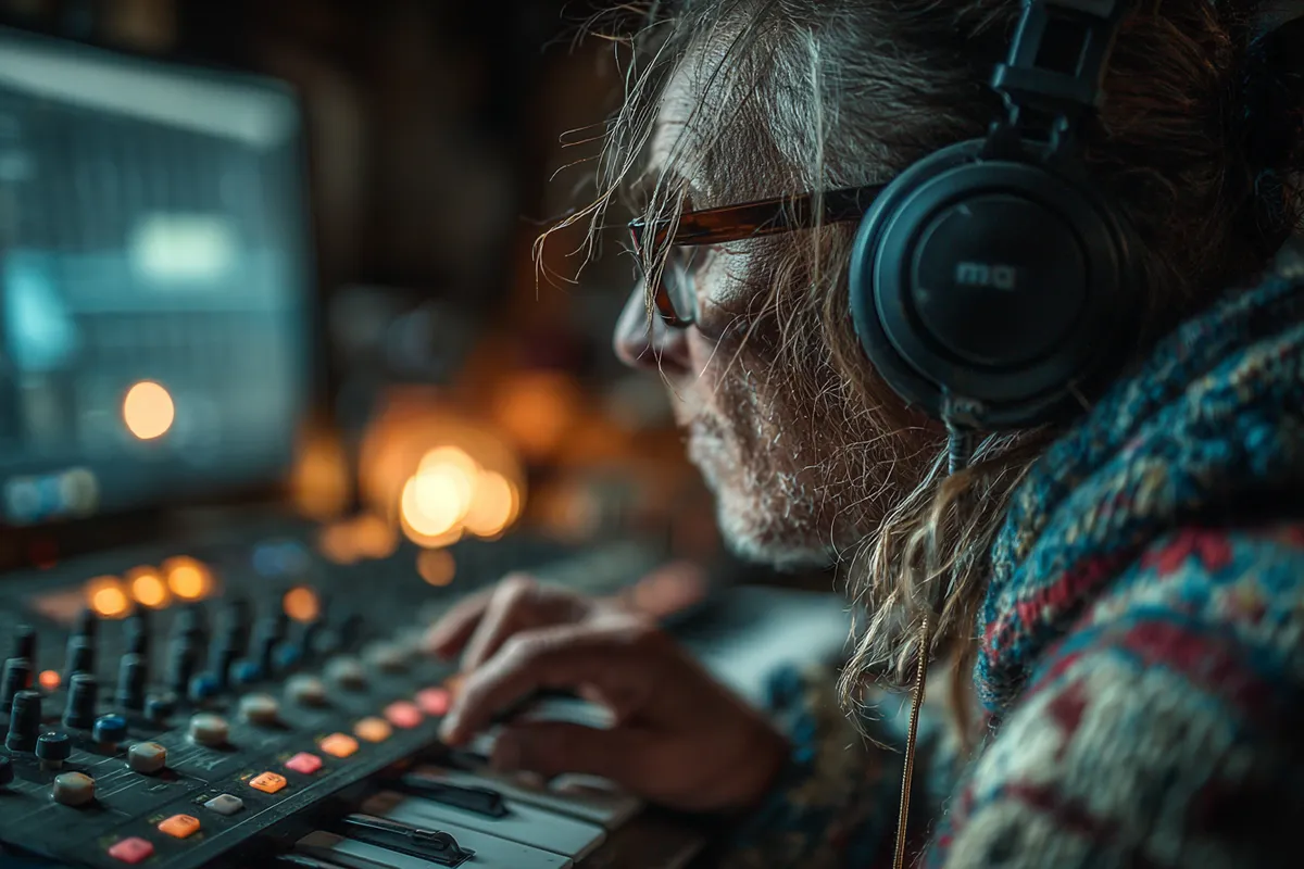 Person using a screen reader with headphones, fingers resting on a braille display