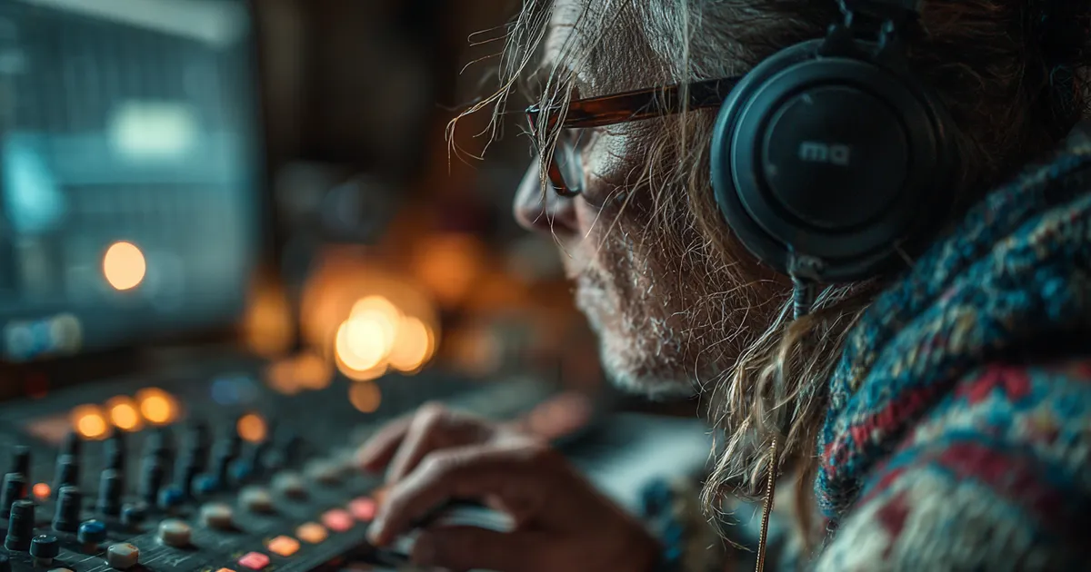 Person using a screen reader with headphones, fingers resting on a braille display