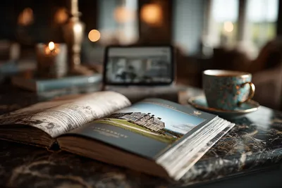 Commercial property brochure and tablet showing a property website on a dark marble desk