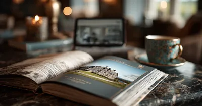 Commercial property brochure and tablet showing a property website on a dark marble desk