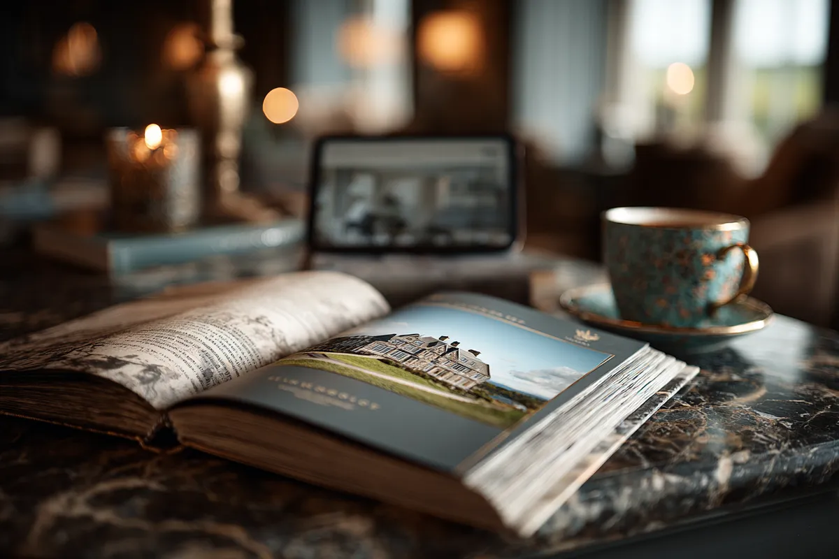 Commercial property brochure and tablet showing a property website on a dark marble desk
