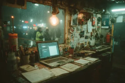 Cluttered portacabin desk on a construction site with a battered laptop open among paper plans