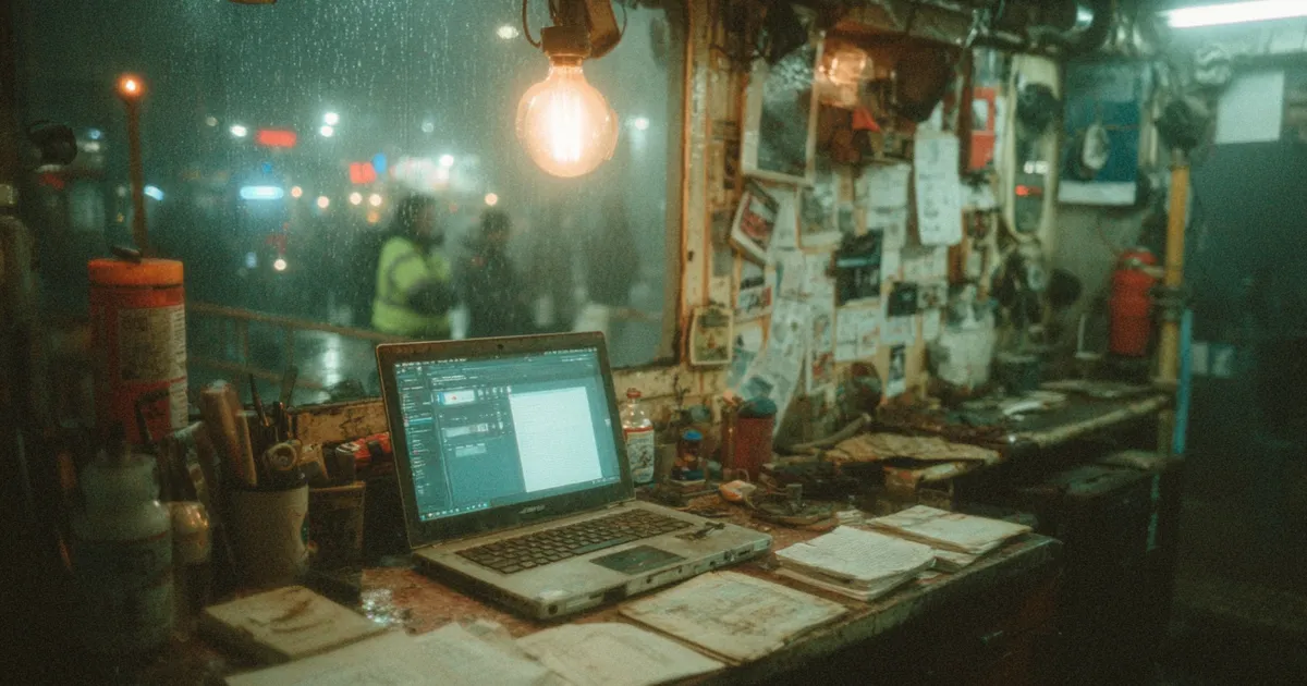 Cluttered portacabin desk on a construction site with a battered laptop open among paper plans