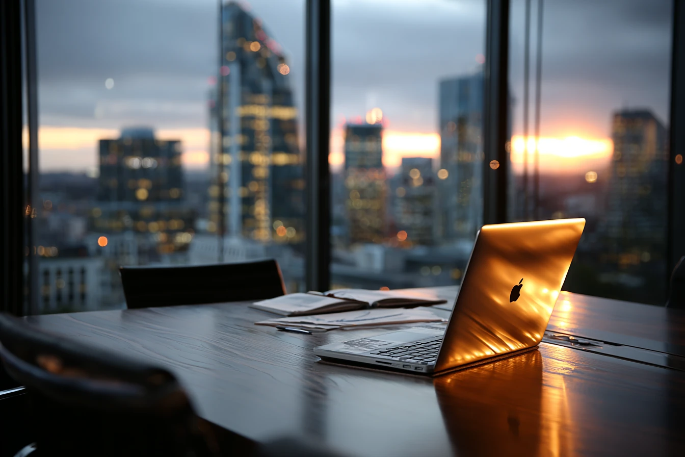 Closed laptop and pitch deck printout on an empty boardroom table at dusk