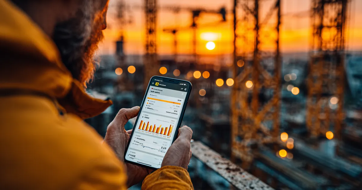 Site manager hands holding a smartphone showing a project dashboard on a construction site at golden hour