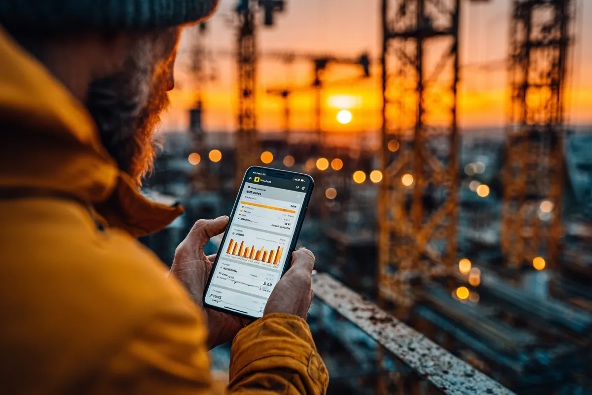 Site manager hands holding a smartphone showing a project dashboard on a construction site at golden hour