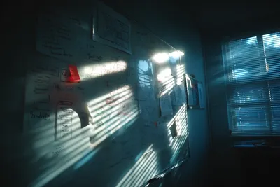 Whiteboard covered in architectural diagrams in a darkened meeting room with light through blinds