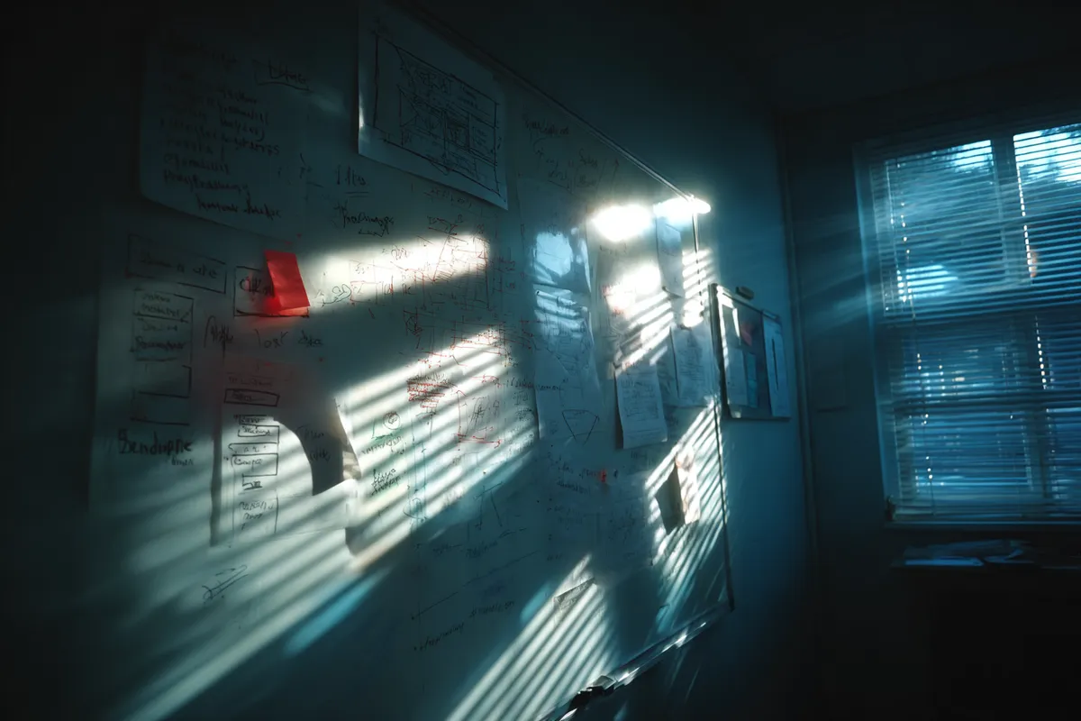 Whiteboard covered in architectural diagrams in a darkened meeting room with light through blinds