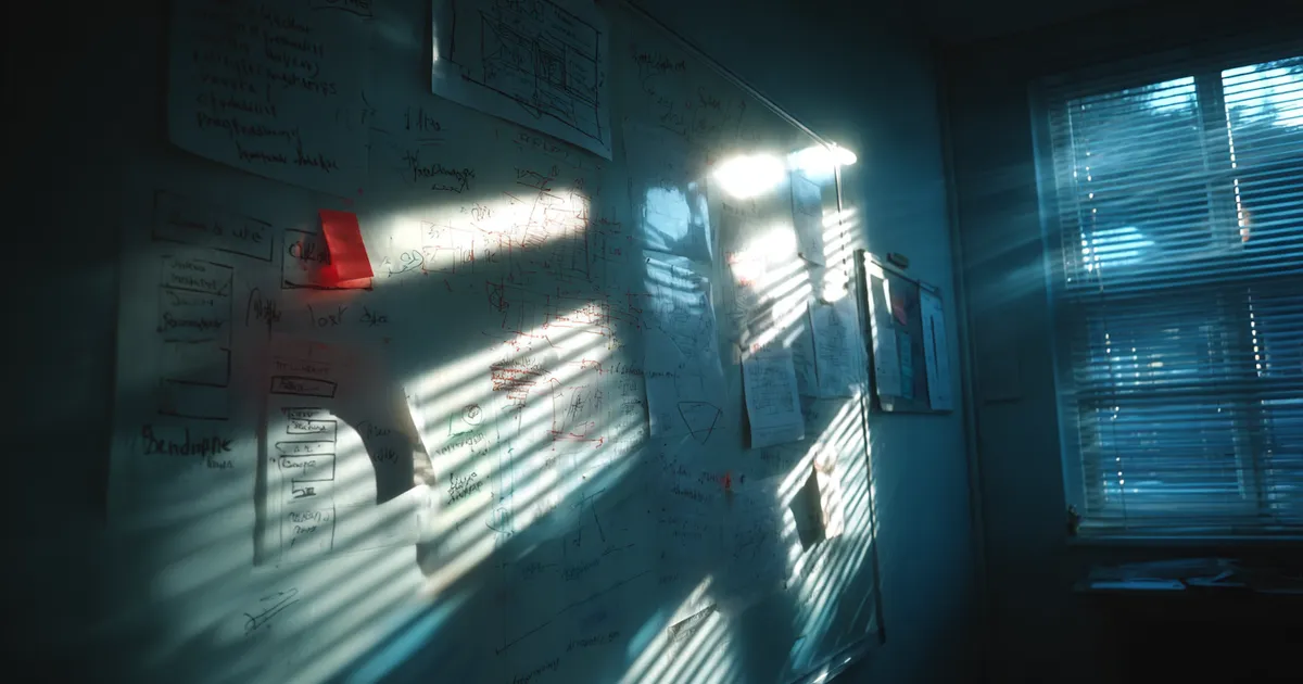 Whiteboard covered in architectural diagrams in a darkened meeting room with light through blinds