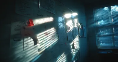 Whiteboard covered in architectural diagrams in a darkened meeting room with light through blinds