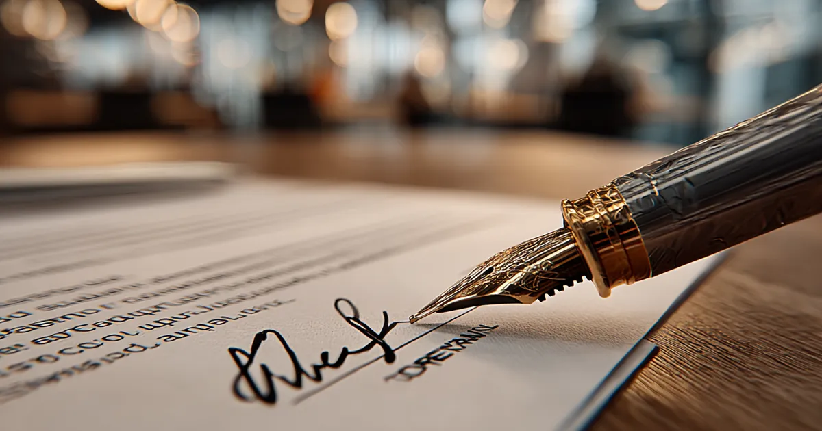 Signed contract document on a dark leather desk with a fountain pen laid across it