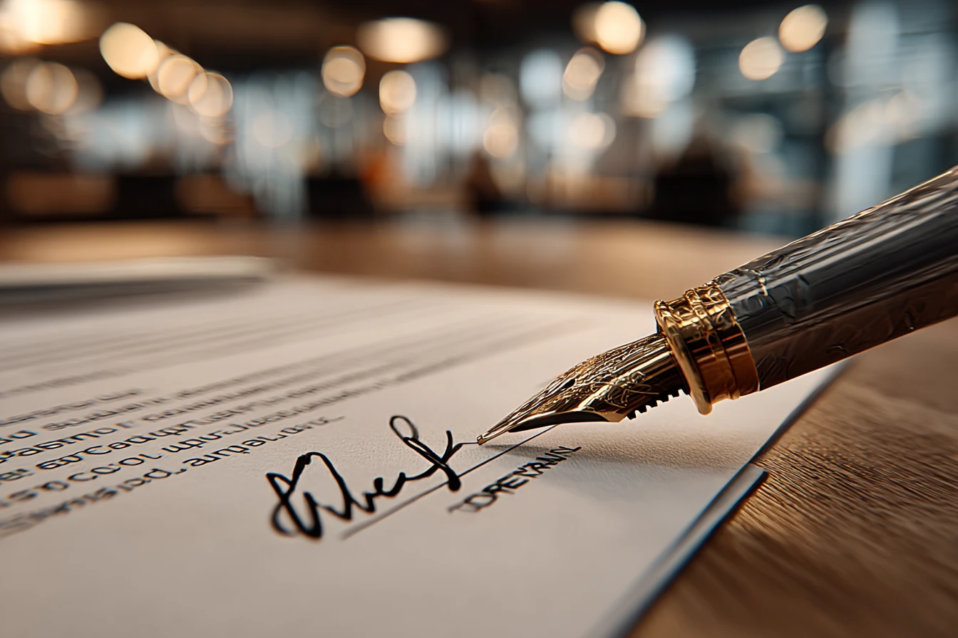 Signed contract document on a dark leather desk with a fountain pen laid across it