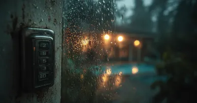 Vacant commercial office space seen through a rain-spattered glass door with a glowing keypad lock