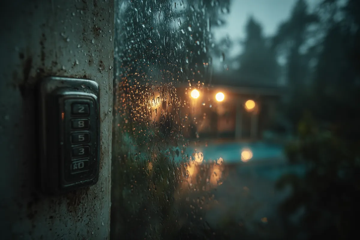 Vacant commercial office space seen through a rain-spattered glass door with a glowing keypad lock