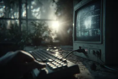 Hand unplugging a power cable from an old desktop computer in a dimly lit office
