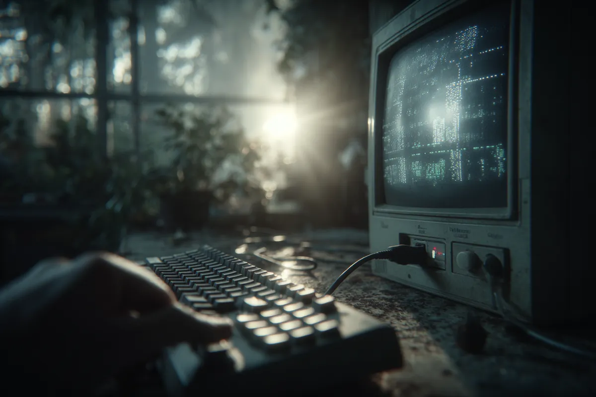 Hand unplugging a power cable from an old desktop computer in a dimly lit office
