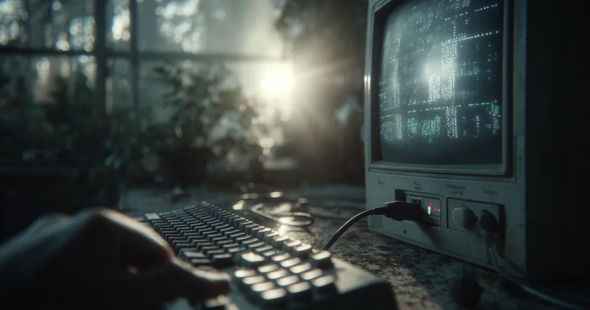 Hand unplugging a power cable from an old desktop computer in a dimly lit office