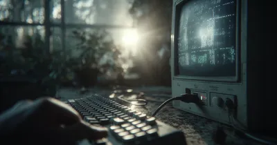 Hand unplugging a power cable from an old desktop computer in a dimly lit office