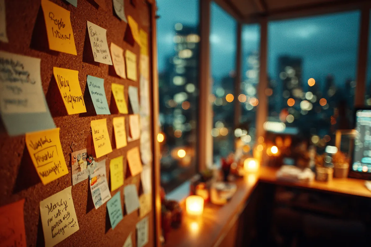 Hand moving a sticky note across a glass whiteboard in a dark startup office
