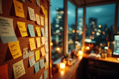 Hand moving a sticky note across a glass whiteboard in a dark startup office