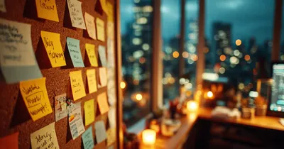 Hand moving a sticky note across a glass whiteboard in a dark startup office