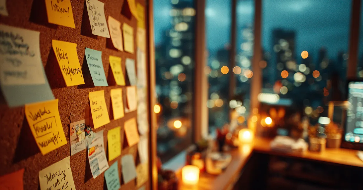 Hand moving a sticky note across a glass whiteboard in a dark startup office