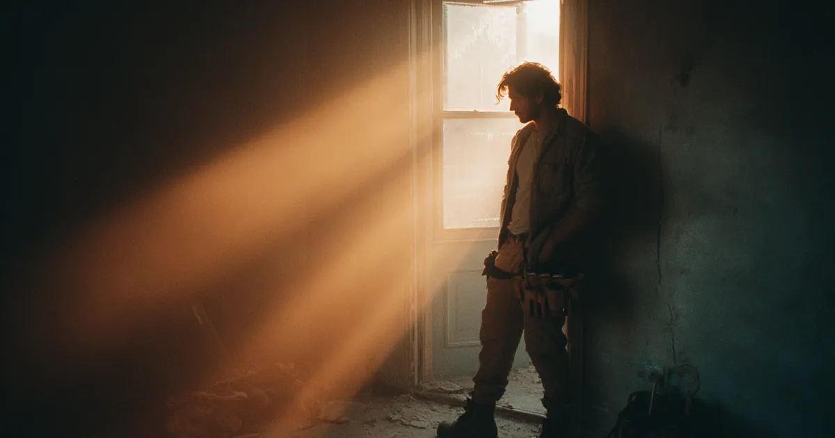 Tradesperson standing in a doorway of a half-renovated room with a tablet tucked under one arm