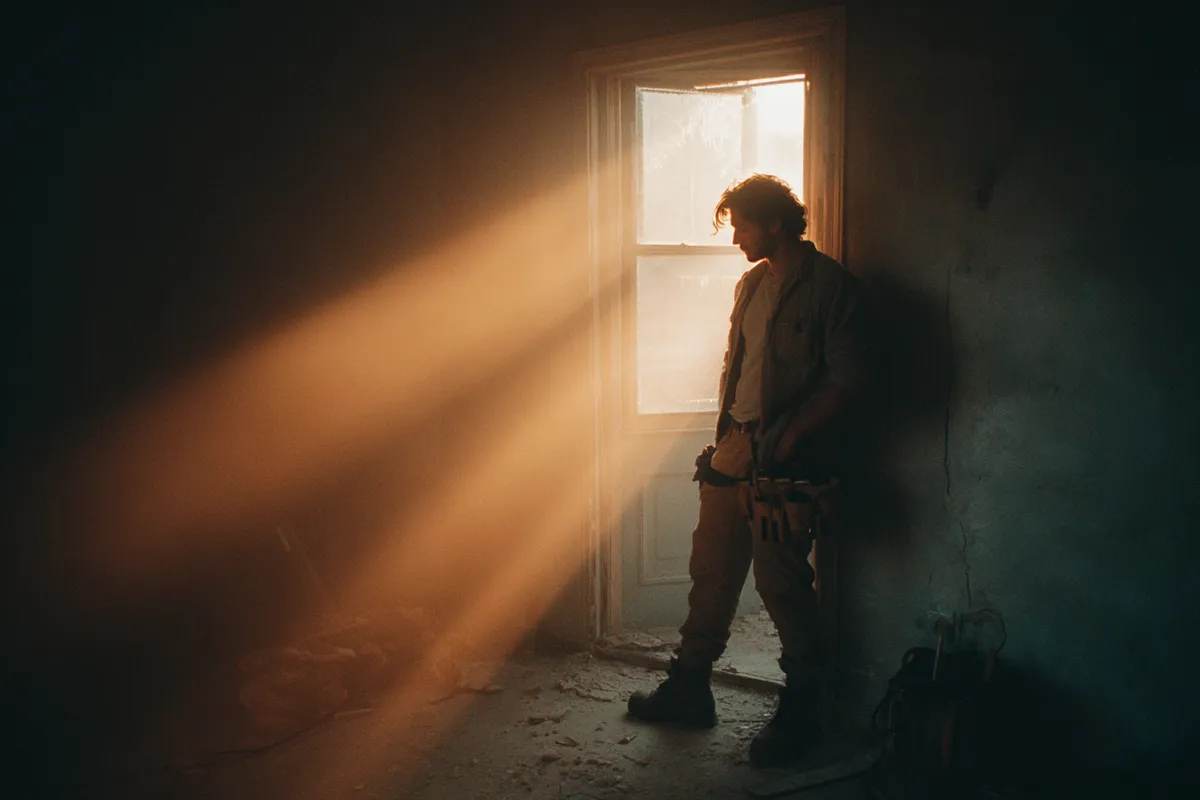 Tradesperson standing in a doorway of a half-renovated room with a tablet tucked under one arm