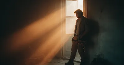 Tradesperson standing in a doorway of a half-renovated room with a tablet tucked under one arm