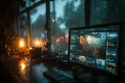 Single monitor displaying a website on a minimal desk in a dark room with blue neon light