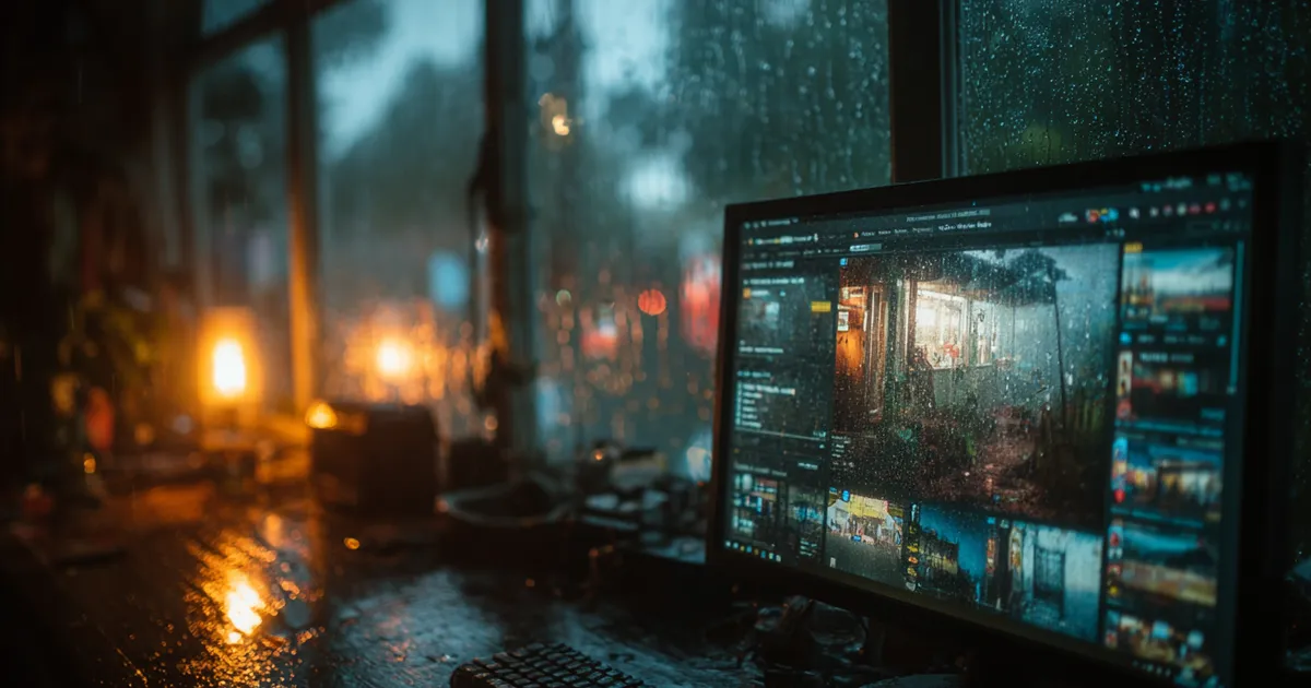 Single monitor displaying a website on a minimal desk in a dark room with blue neon light