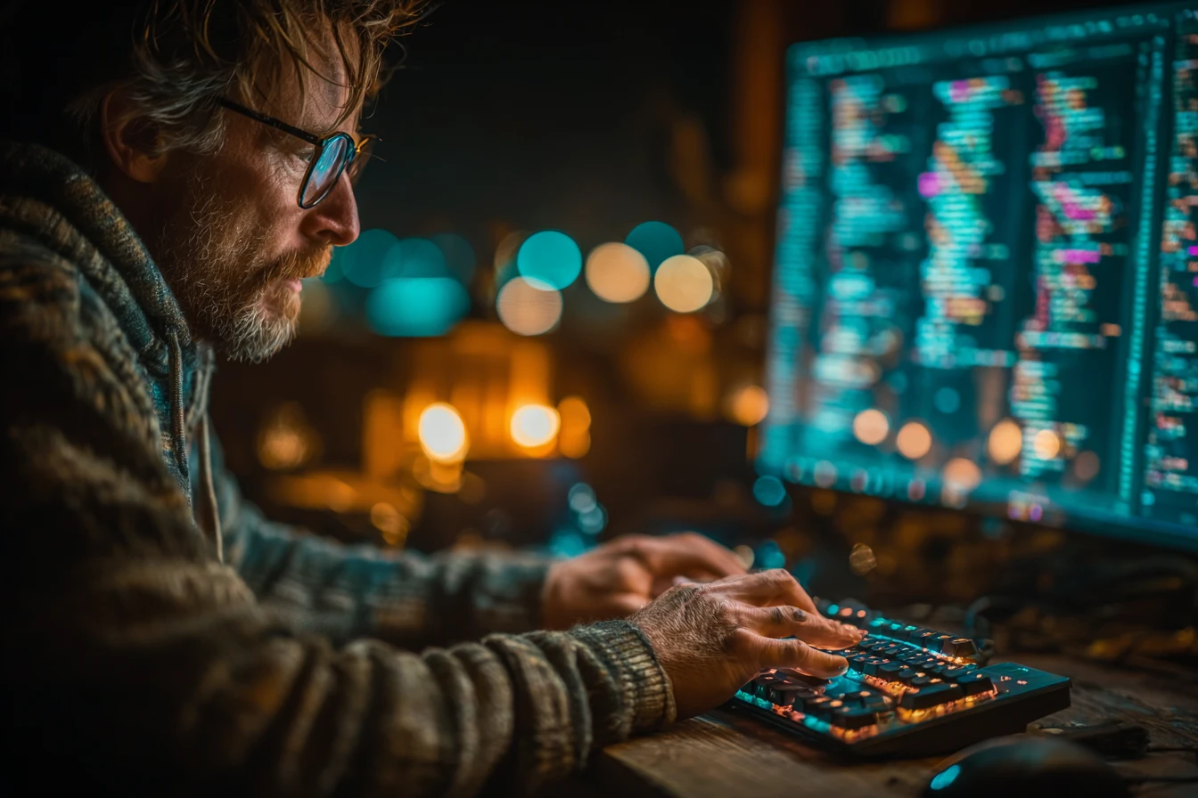 Developer hands on a mechanical keyboard with deployment logs reflected in their glasses