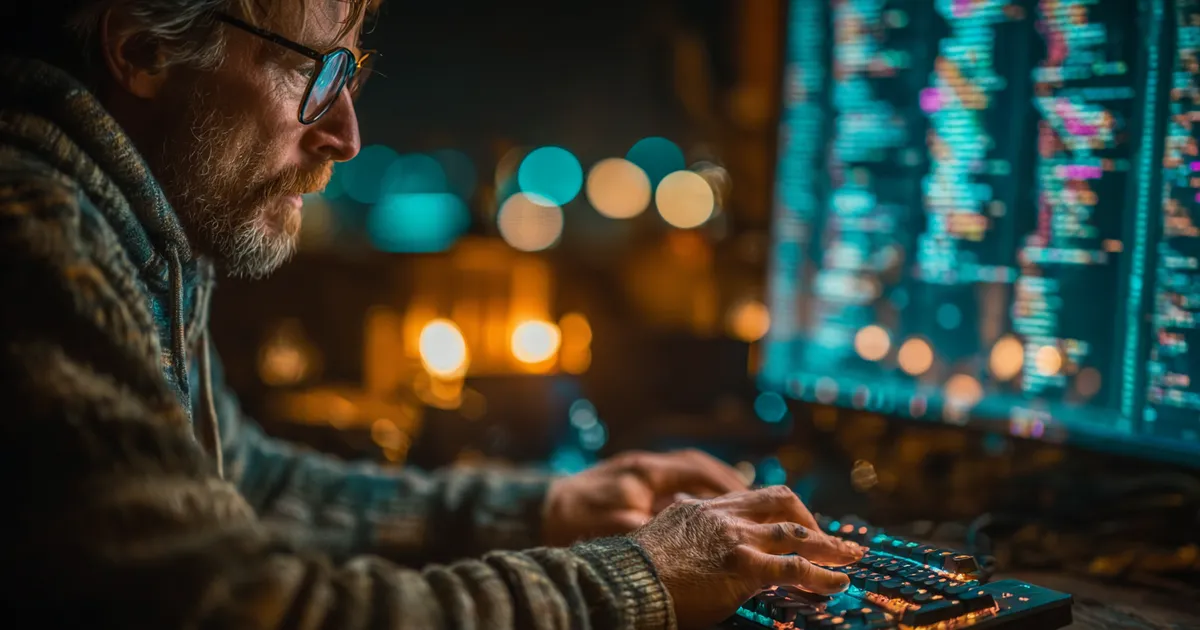 Developer hands on a mechanical keyboard with deployment logs reflected in their glasses