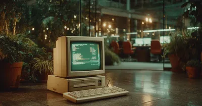 Old beige CRT monitor sitting unplugged on the floor of a modern glass-walled office