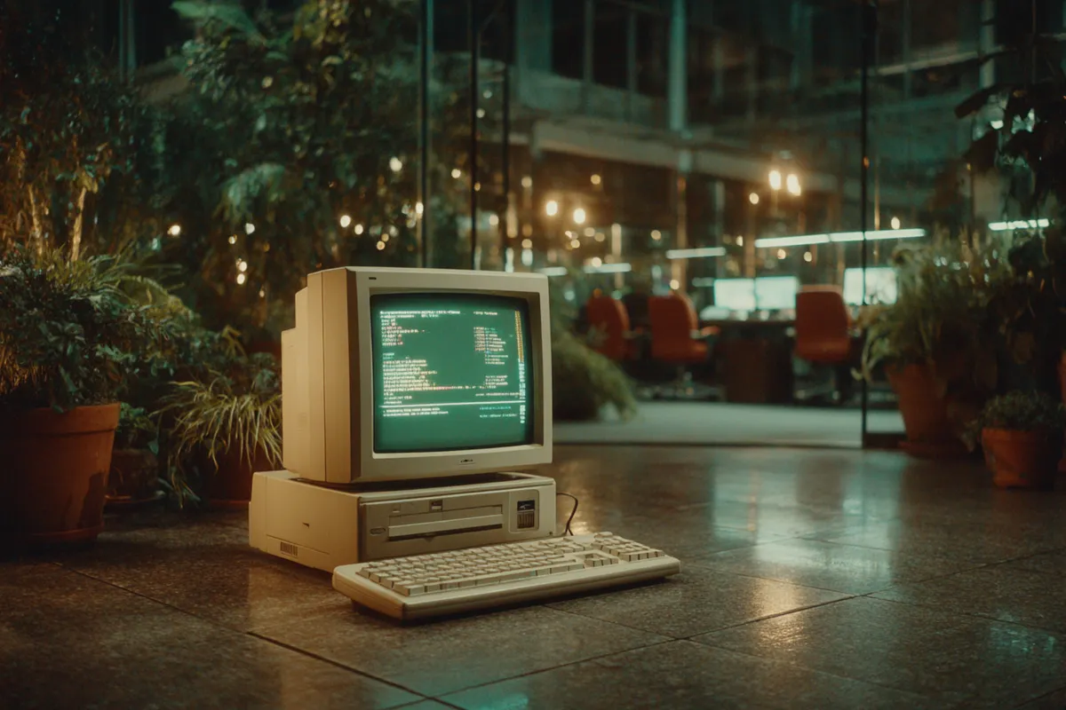 Old beige CRT monitor sitting unplugged on the floor of a modern glass-walled office