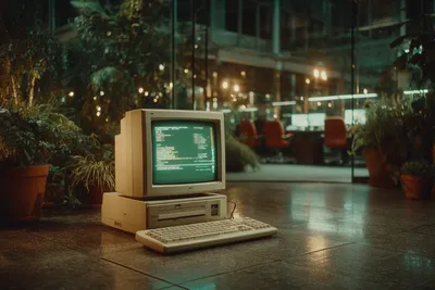 Old beige CRT monitor sitting unplugged on the floor of a modern glass-walled office