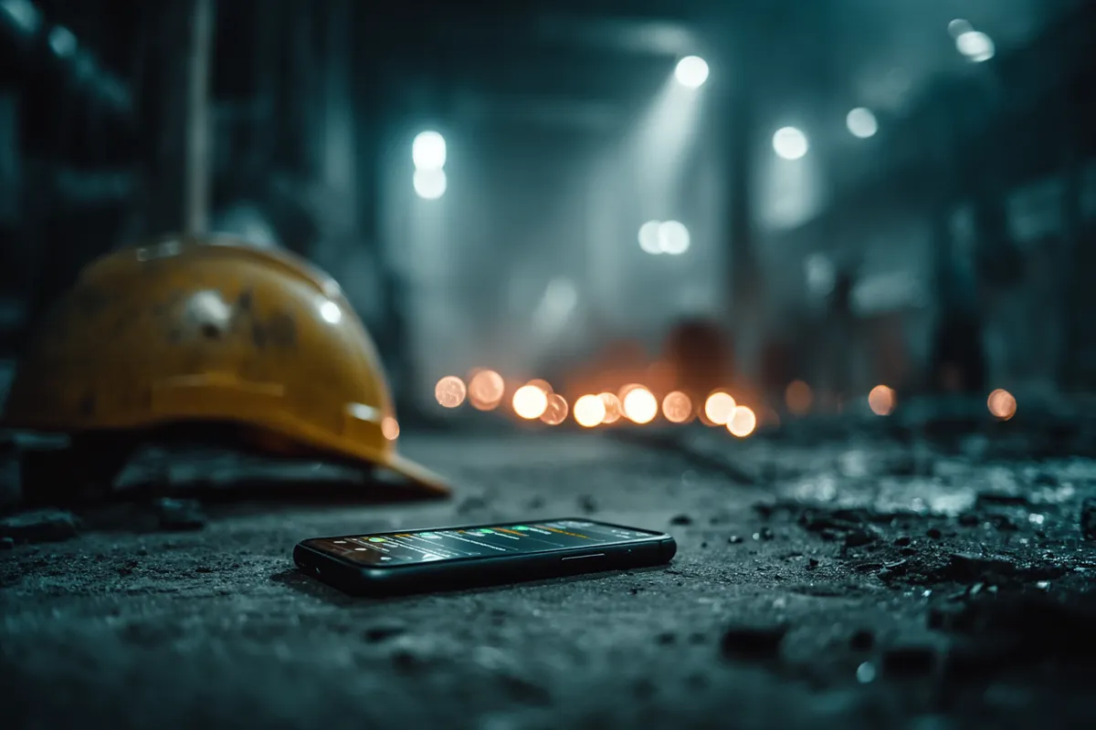 Smartphone on a concrete floor showing dozens of unread WhatsApp notifications beside a hard hat