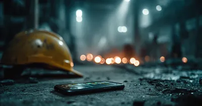 Smartphone on a concrete floor showing dozens of unread WhatsApp notifications beside a hard hat