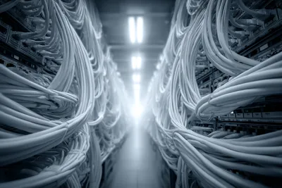 Tangled mass of cables behind a server cabinet with a single clean white cable running through