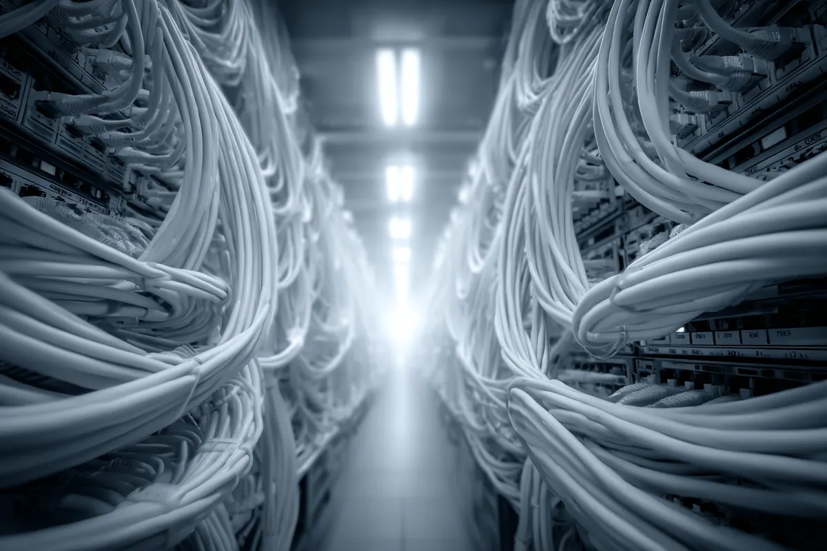 Tangled mass of cables behind a server cabinet with a single clean white cable running through