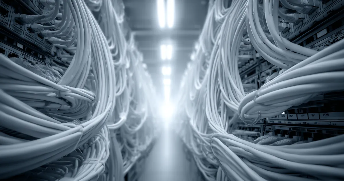 Tangled mass of cables behind a server cabinet with a single clean white cable running through