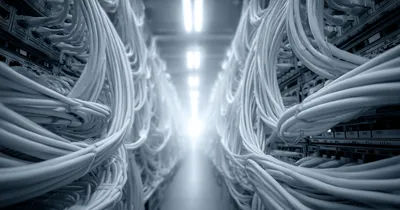 Tangled mass of cables behind a server cabinet with a single clean white cable running through