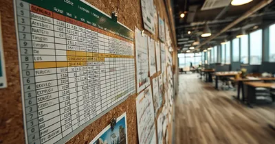 Printed Excel spreadsheet pinned to a corkboard in a dim construction office with coffee ring stains