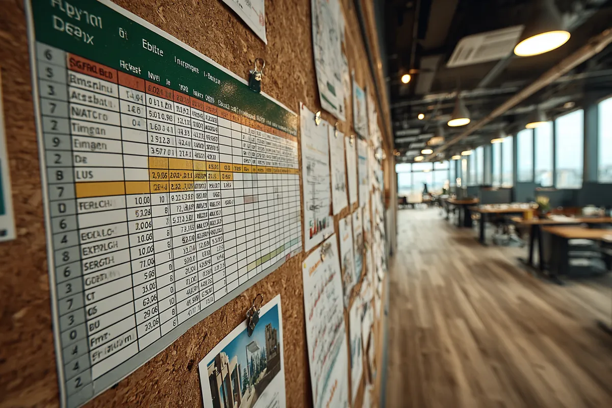 Printed Excel spreadsheet pinned to a corkboard in a dim construction office with coffee ring stains