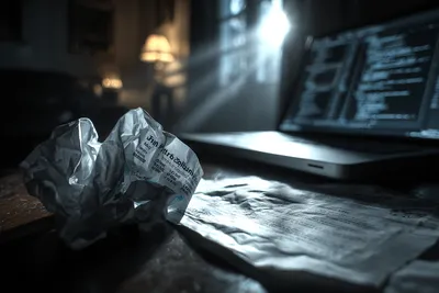 Bank transfer receipt on a dark desk next to a laptop showing code