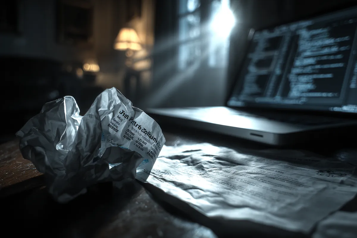 Bank transfer receipt on a dark desk next to a laptop showing code