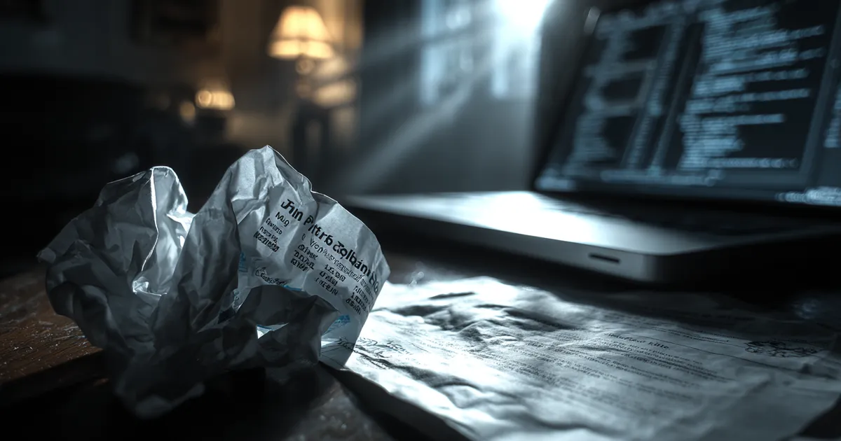 Bank transfer receipt on a dark desk next to a laptop showing code