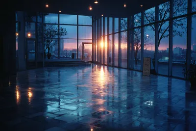 Empty commercial office lobby at twilight with a For Lease sign in the foreground