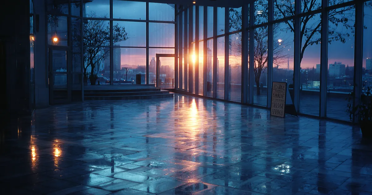 Empty commercial office lobby at twilight with a For Lease sign in the foreground